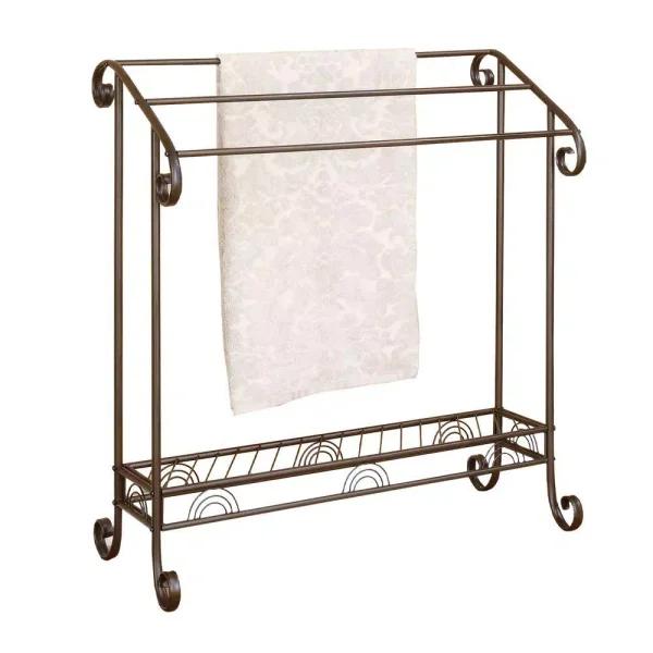 Benjara Modern Freestanding Metal Towel Rack with 3 Chrome Bars - Dark Bronze