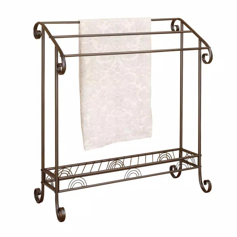 Benjara Modern Freestanding Metal Towel Rack with 3 Chrome Bars - Dark Bronze