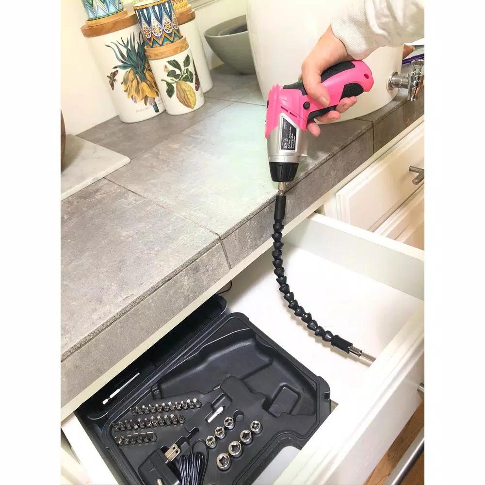 Apollo Tools 3.6V Lithium-Ion Cordless Electric Screwdriver with 45-Piece Accessory Set, Pink