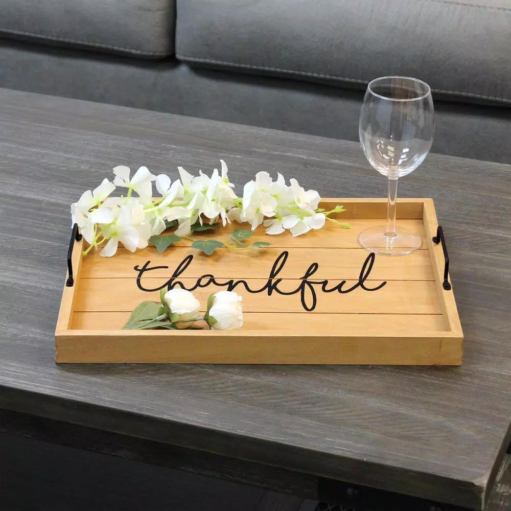 Elegant Designs Natural Wood Decorative Serving Tray with Black Metal Handles - Thankful Farmhouse Style