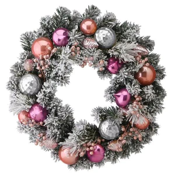 National Tree Company 24 in. Artificial Christmas Wreath with Flocked Branches, Pink and Silver Ornaments, and Berries