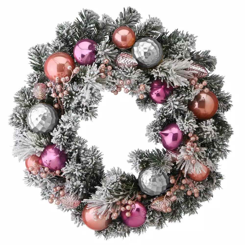National Tree Company 24 in. Artificial Christmas Wreath with Flocked Branches, Pink and Silver Ornaments, and Berries