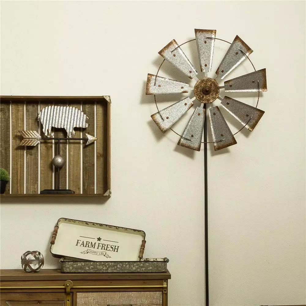 Glitzhome 69.4 in. Farmhouse Metal Galvanized Wind Spinner Yard Stake and Wall Decor