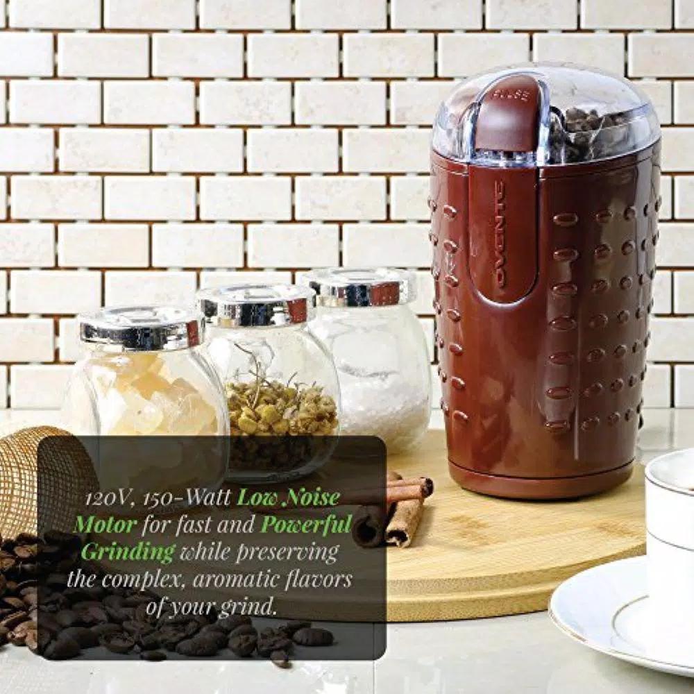 Ovente 2.5 oz. Electric Coffee Grinder with Stainless Steel Blades and Transparent Lid, Brown