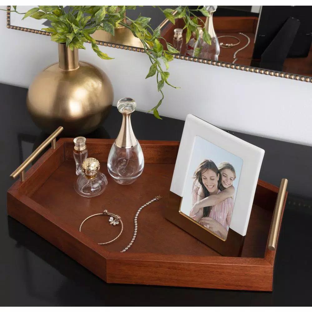Kate and Laurel Lipton Walnut Brown Wood Hexagon Decorative Tray with Gold Handles
