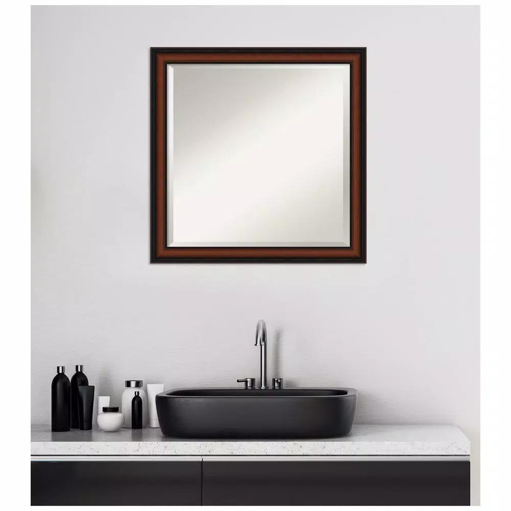 Amanti Art Cyprus 23 in. W x 23.12 in. H Square Beveled Edge Wood Bathroom Vanity Mirror, Dark Brown Walnut