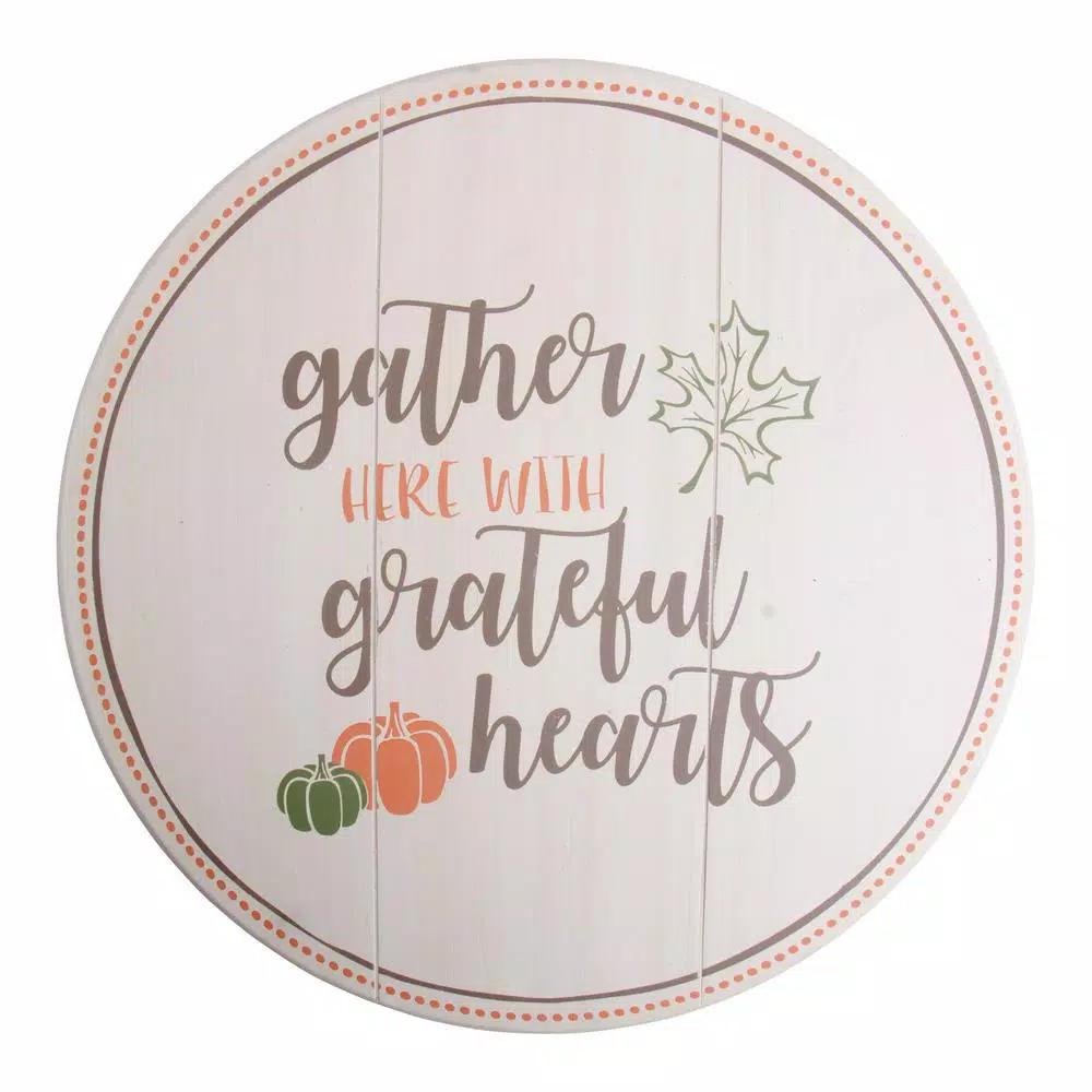 Home Essentials 14 in. Harvest Devotions Wooden Lazy Susan - Rustic Round Serving Tray