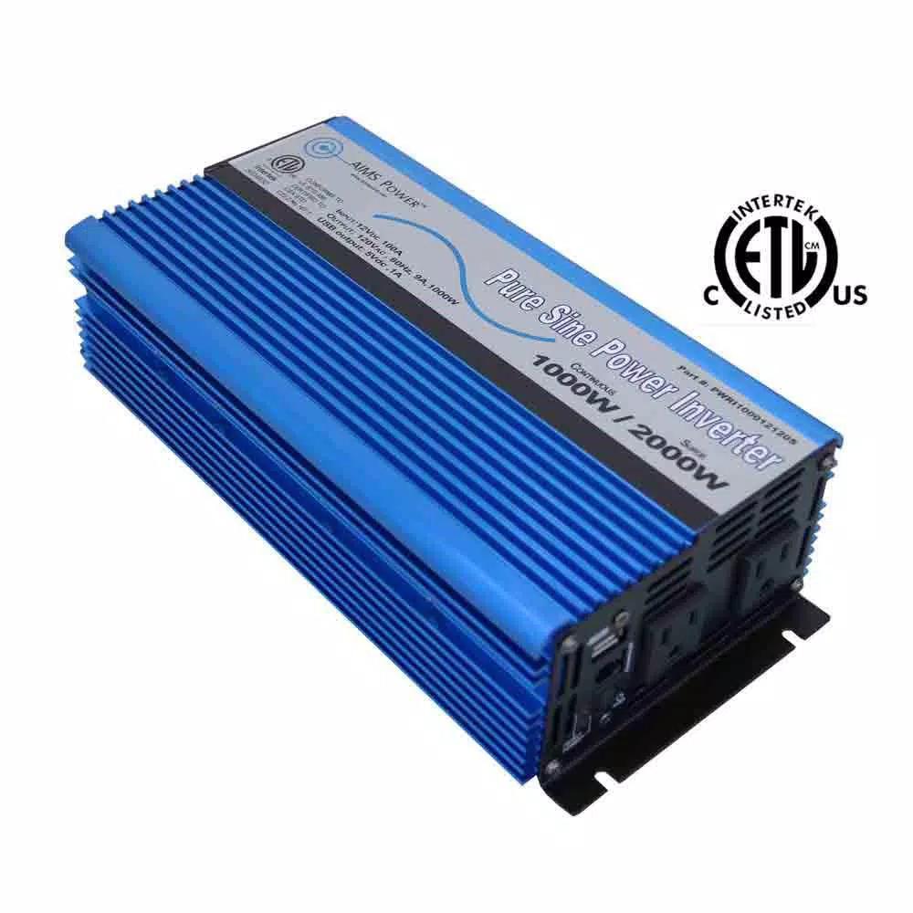 AIMS Power 1000W Pure Sine Wave Power Inverter, 12V DC to 120V AC, ETL Listed