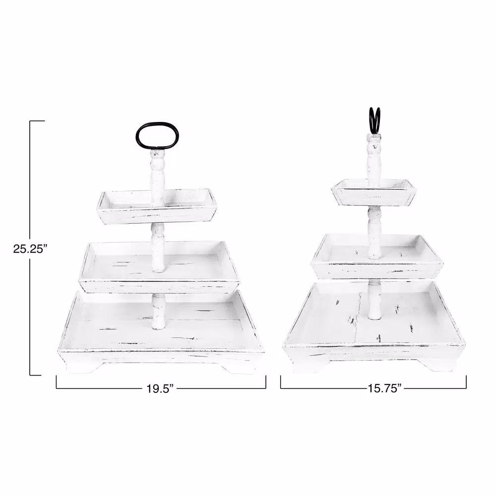 3R Studios White Decorative 3-Tier Tray - Rustic Distressed Wood and Metal Design