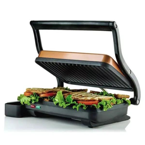 Ovente 1000W Copper Electric Panini Press Grill, 2-Slice Sandwich Maker with Drip Tray