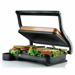 Ovente 1000W Copper Electric Panini Press Grill, 2-Slice Sandwich Maker with Drip Tray thumbnail 1