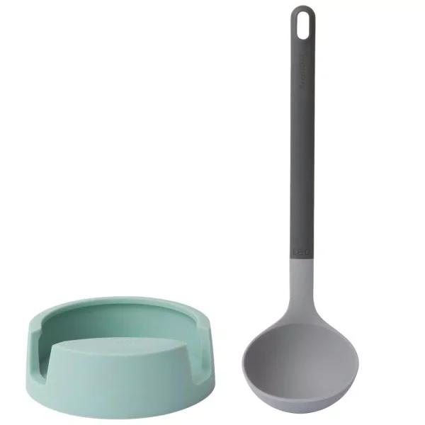 BergHOFF Leo 2-Piece Gray and Mint Silicone Ladle and Spoon Rest Set