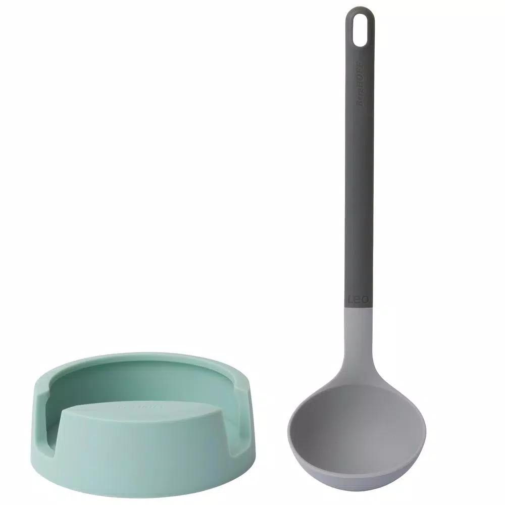BergHOFF Leo 2-Piece Gray and Mint Silicone Ladle and Spoon Rest Set