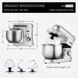 VIVOHOME 650W 6-Qt. Silver Tilt-Head Kitchen Stand Mixer with 6 Speeds thumbnail 6