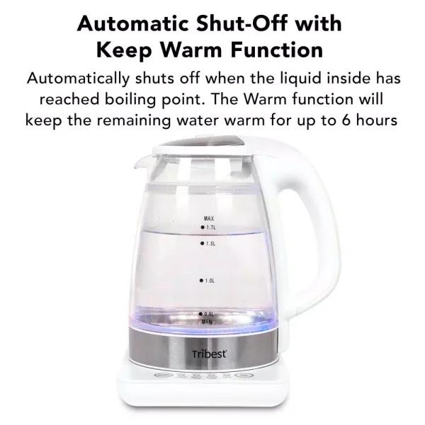 Tribest Glass Raw Tea Kettle, 1.7L Electric Kettle with Precision Temperature Presets, White