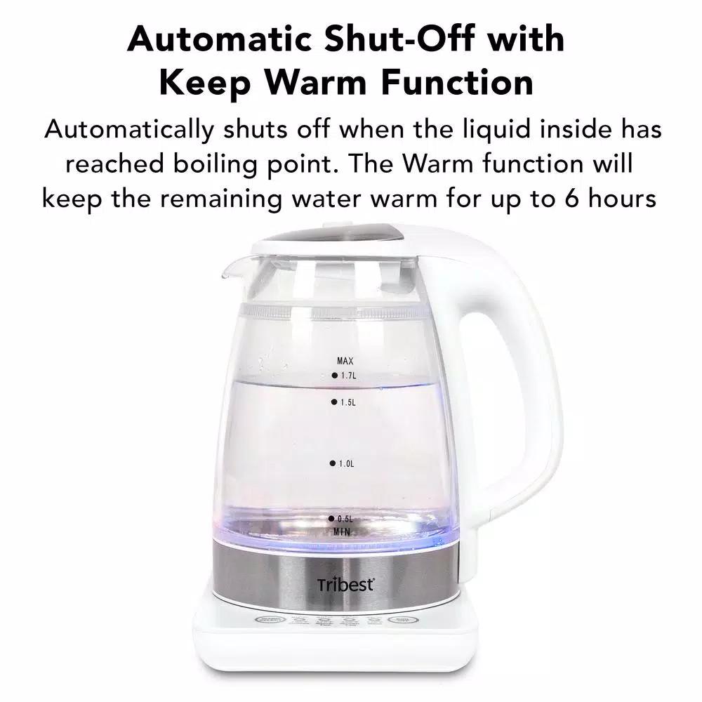 Tribest Glass Raw Tea Kettle, 1.7L Electric Kettle with Precision Temperature Presets, White