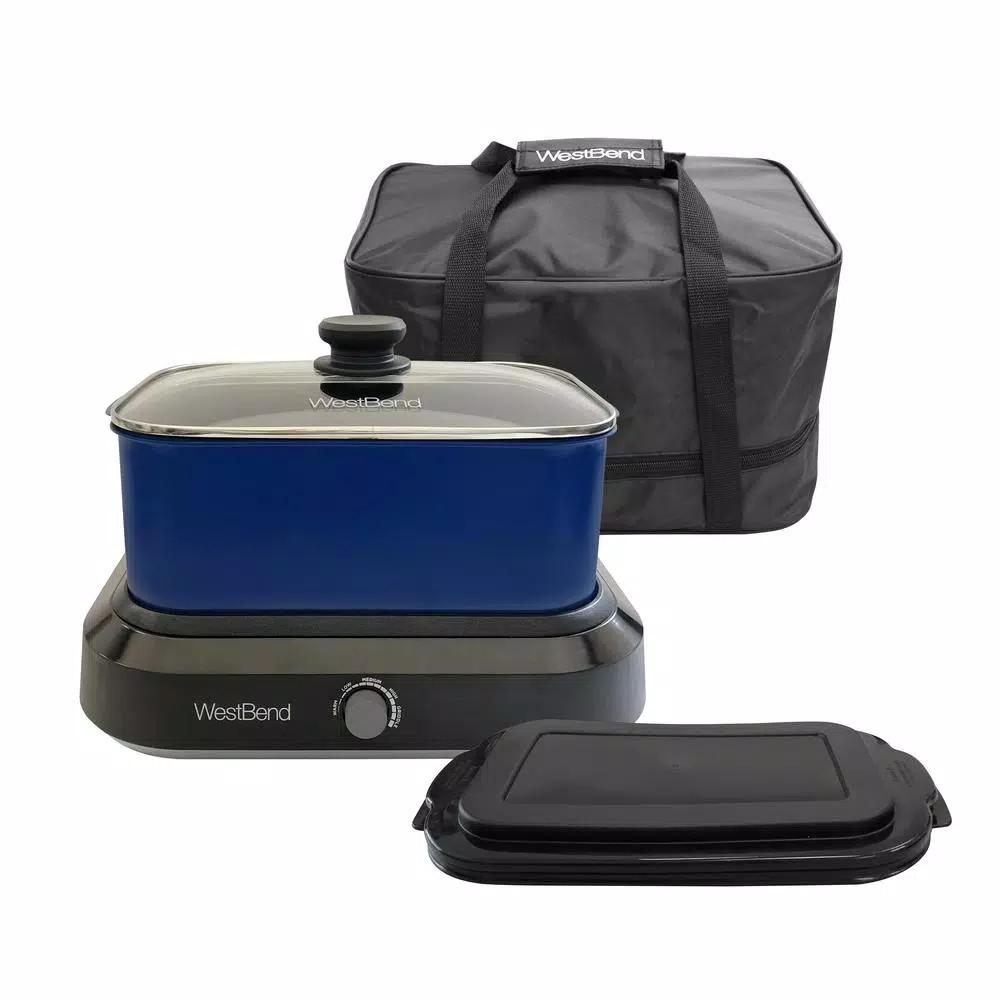 West Bend 5 Qt. Blue Non-Stick Versatility Slow Cooker with Griddle Base, Travel Lid and Thermal Tote