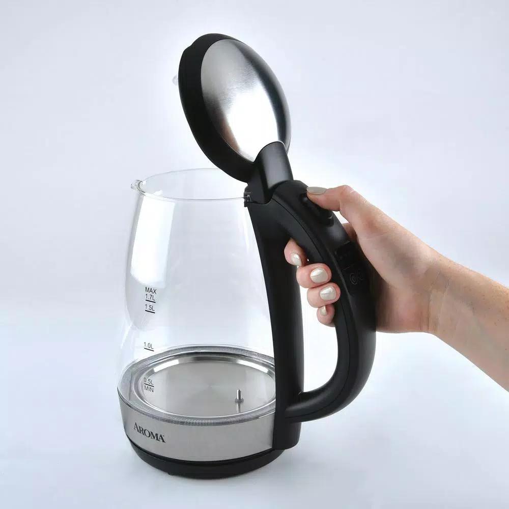 AROMA 7-Cup Black Glass Electric Kettle with Digital Temperature Display, 1.7L Cordless Pouring