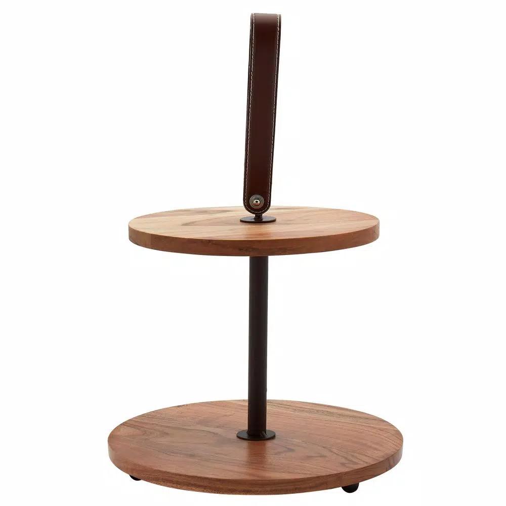 Mason Craft & More Acacia Wood 2-Tier Serving Tray with Faux Leather Handles