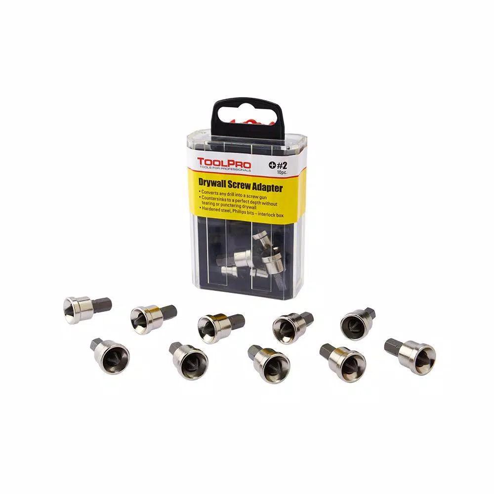 ToolPro #2 Phillips Bit Drywall Screw Adapters with Interlocking Storage Box (10-Pack)