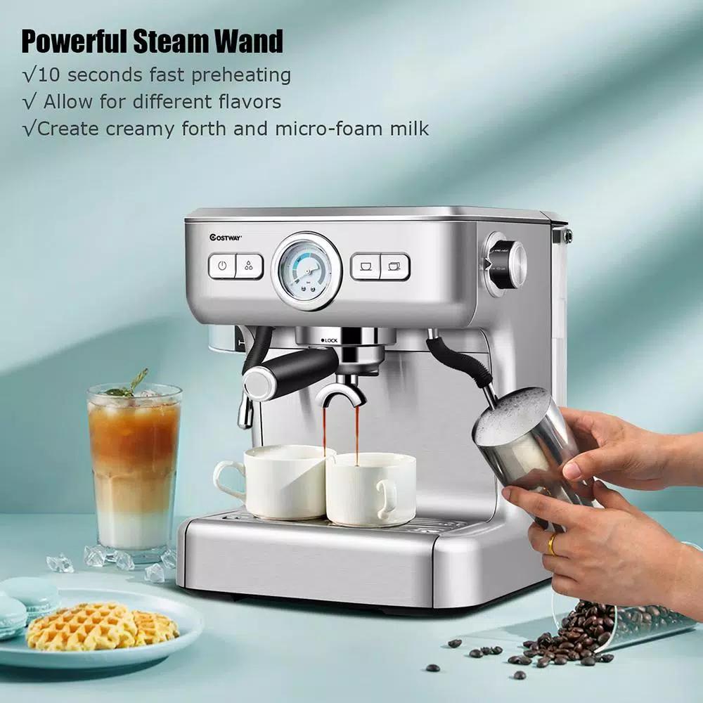 Costway Stainless Steel Semi-Auto Espresso Machine with Milk Frother Wand, 1500W Coffee Maker
