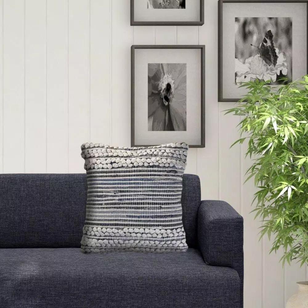 LR Home Crest Navy Blue and Ivory Abstract Textured Throw Pillow, 18 x 18 in.
