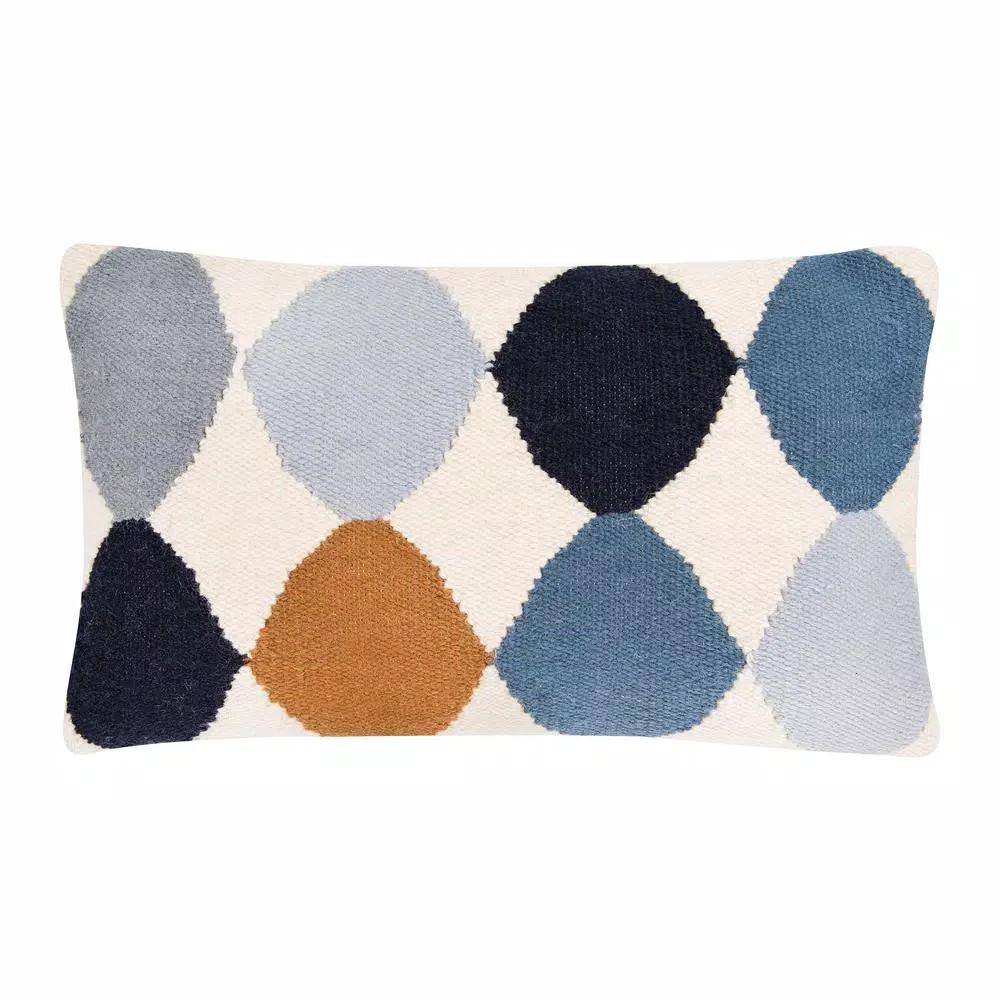 3R Studios Off-White Geometric Pattern Lumbar Throw Pillow, Blue and Brown, 26 x 16 in.