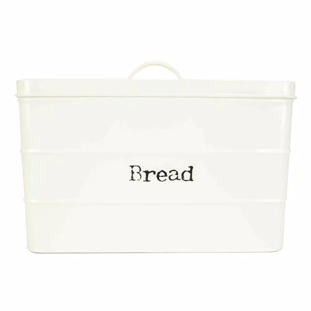 Home Basics Vintage Style Tin Bread Box - Ivory Metal Bread Canister with Airtight Lid