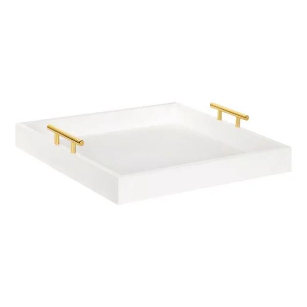 Kate and Laurel Lipton 16 in. White and Gold Decorative Wood Tray with Metal Handles