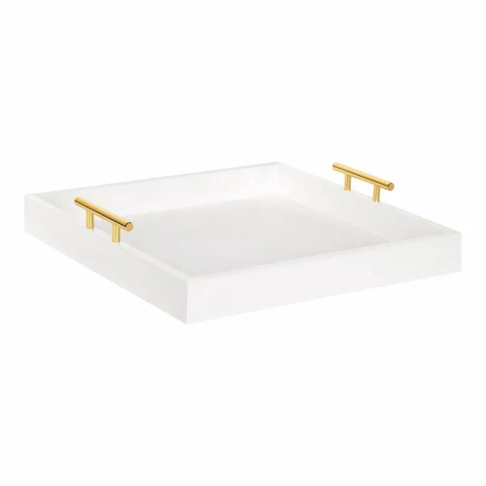 Kate and Laurel Lipton 16 in. White and Gold Decorative Wood Tray with Metal Handles