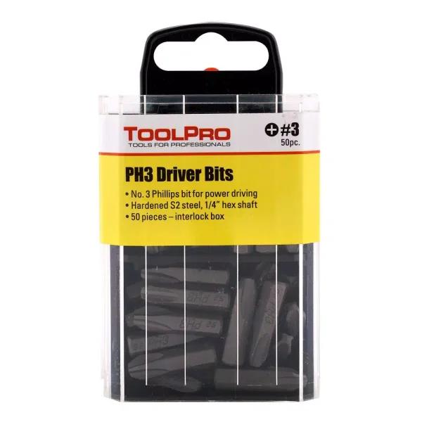 ToolPro 50-Piece #3 Phillips Bit Set with Interlocking Storage Box, Hardened S2 Steel