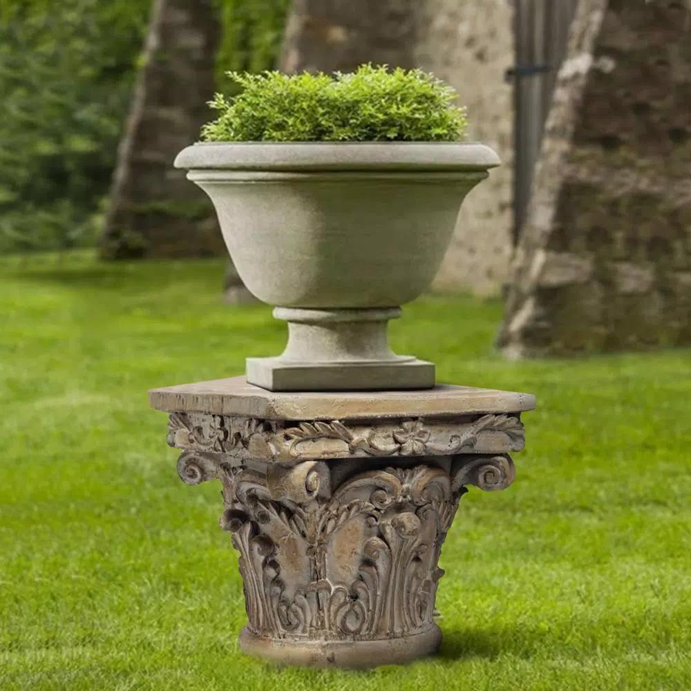 Benjara Aesthetic Resin Decorative Pedestal with Acanthus Leaf Design and Scrolled Details, Brown