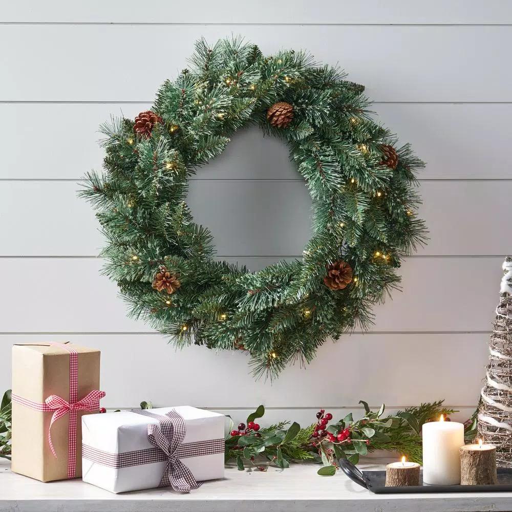 Noble House 24 in. Mixed Pine Artificial Christmas Wreath with Pine Cones and Warm White LED Lights, Battery Operated