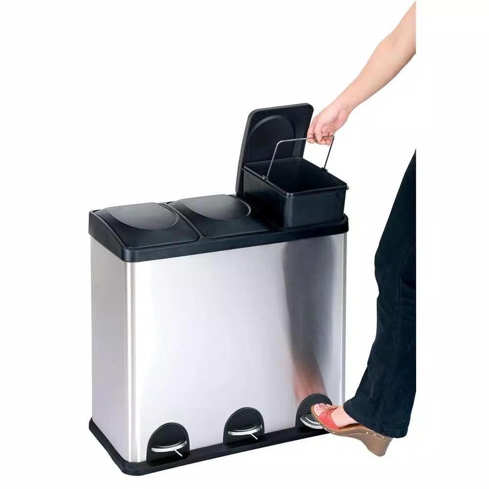 Step N' Sort 16 Gallon 3-Compartment Stainless Steel Trash and Recycling Bin