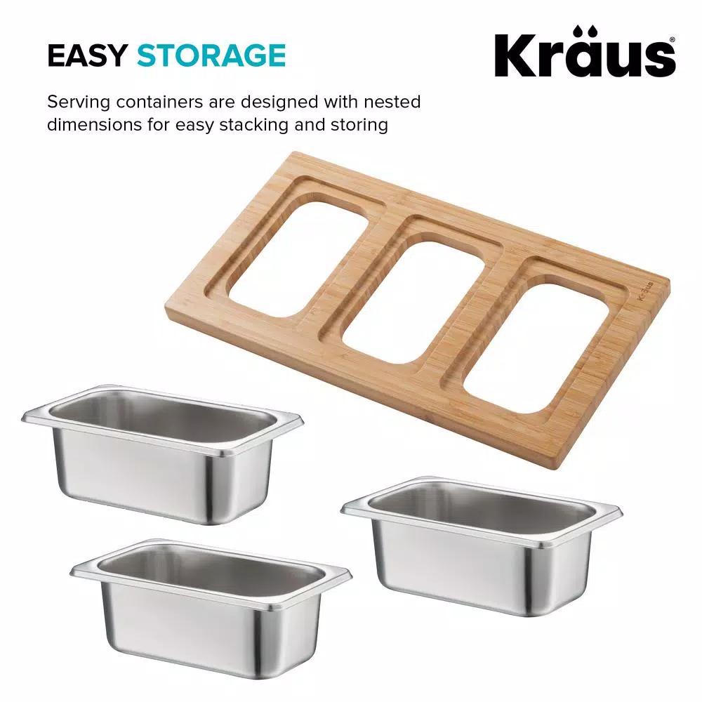 KRAUS Workstation Kitchen Sink Accessory Set: Bamboo Serving Board & 3 Stainless Steel Prep Bowls