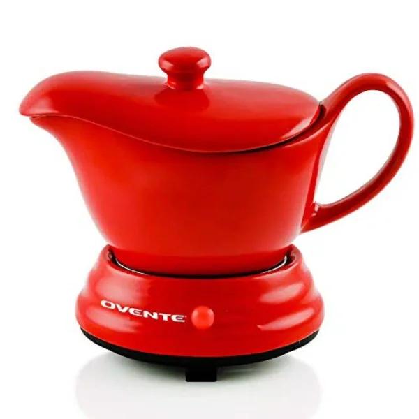 Ovente 16 oz. Red Electric Gravy Warmer with Detachable Ceramic Boat