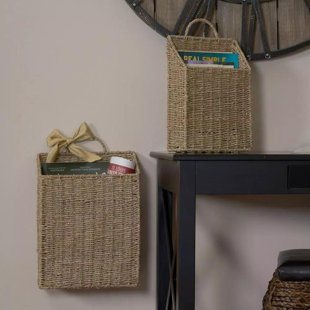 Household Essentials Seagrass Wicker Wall Basket Set, 2-Piece Rectangular Hanging Storage Baskets with Metal Frame