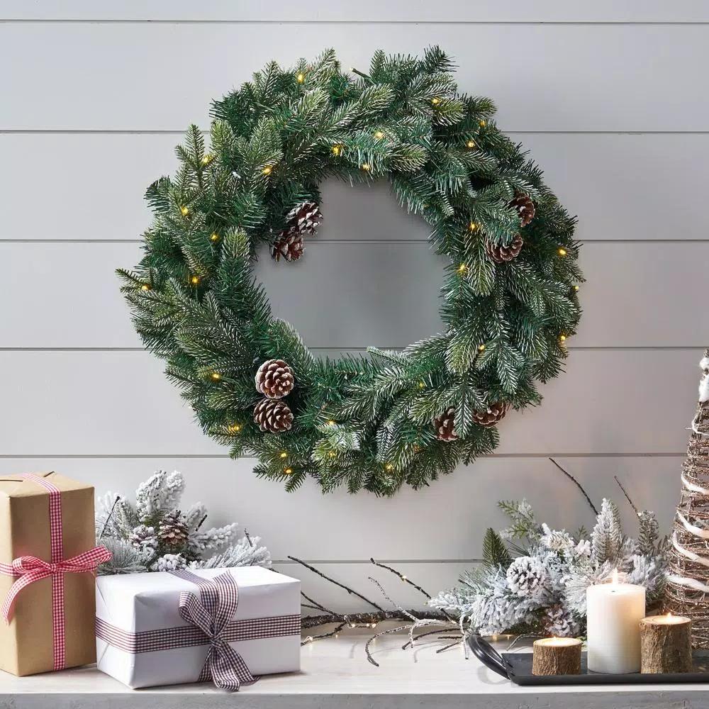 Noble House 24 in. Mixed Spruce Artificial Christmas Wreath with Pine Cones and Warm White LED Lights