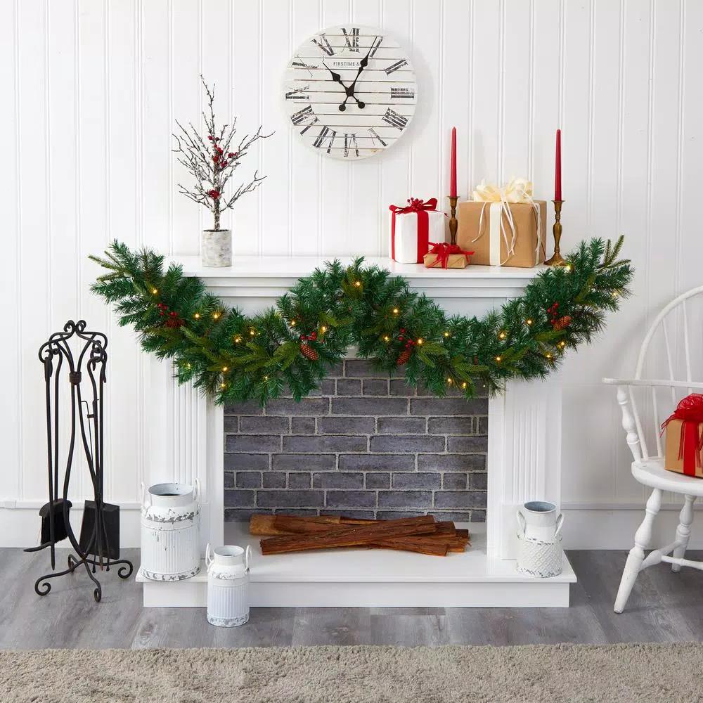 Nearly Natural 6 ft. Pre-lit Mixed Pine Artificial Christmas Garland with LED Lights, Berries and Pinecones