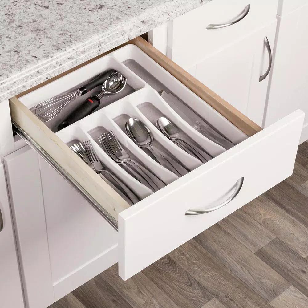 Real Solutions for Real Life White Plastic 6-Compartment Utensil Drawer Organizer Tray