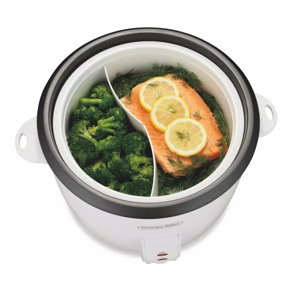 Proctor Silex 30-Cup White Rice Cooker with Steaming Basket and Keep Warm Function
