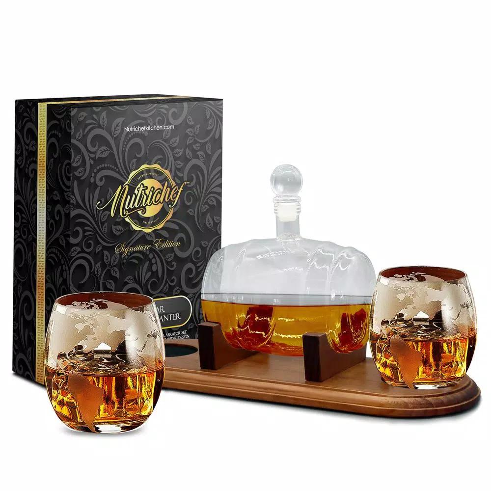 NutriChef 25 oz. Glass Wine and Whiskey Decanter Aerator Set with 2 Whiskey Glasses and Base Stand