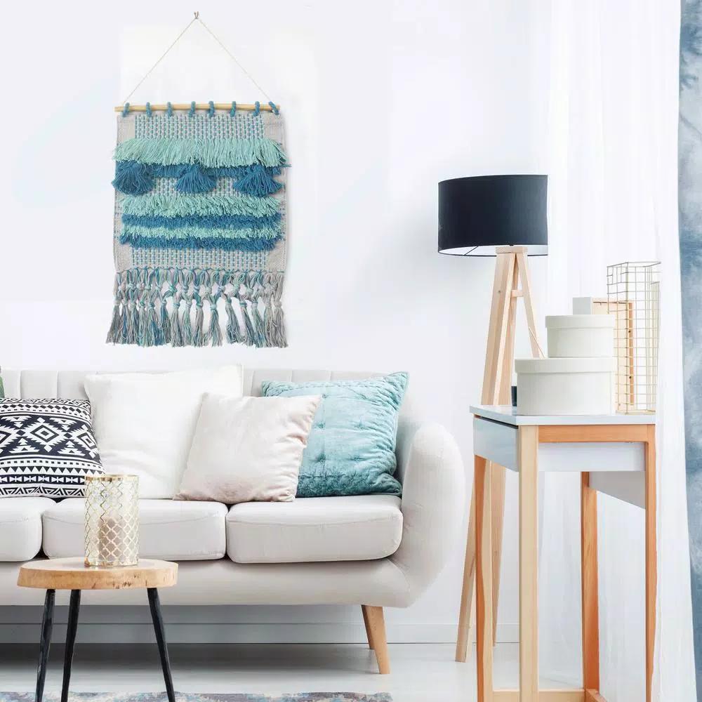 LR Home Coast Gray & Teal Fringed Tufted Cotton Wall Tapestry - Bohemian Coastal Wall Hanging