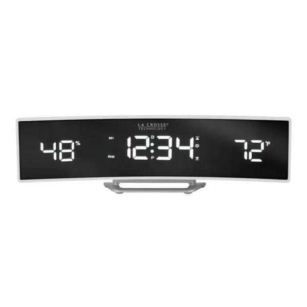 La Crosse Technology White Curved Digital Alarm Clock with Mirrored LED Display, Temperature, Humidity, and USB Charging Port