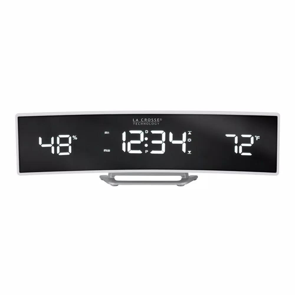 La Crosse Technology White Curved Digital Alarm Clock with Mirrored LED Display, Temperature, Humidity, and USB Charging Port