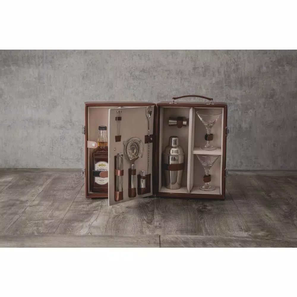 Picnic Time Manhattan Portable Cocktail Case - Mahogany Brown Leatherette Martini Set with Stainless Steel Accessories