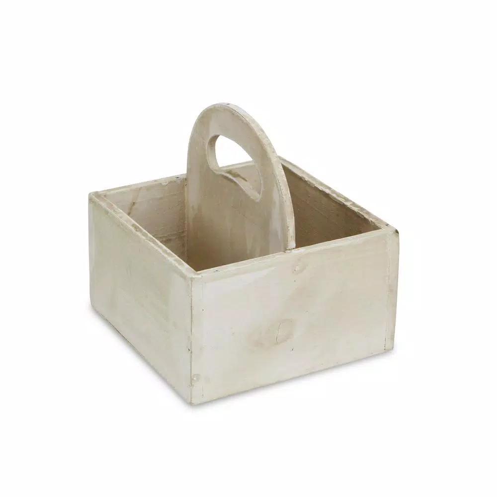 Cheungs White Wooden Square Caddy - Rustic Farmhouse Decorative Tray with Handle