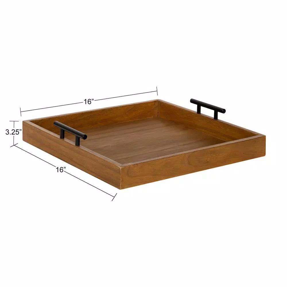 Kate and Laurel Lipton 16 in. Square Decorative Wood Tray with Black Metal Handles, Rustic Farmhouse Style