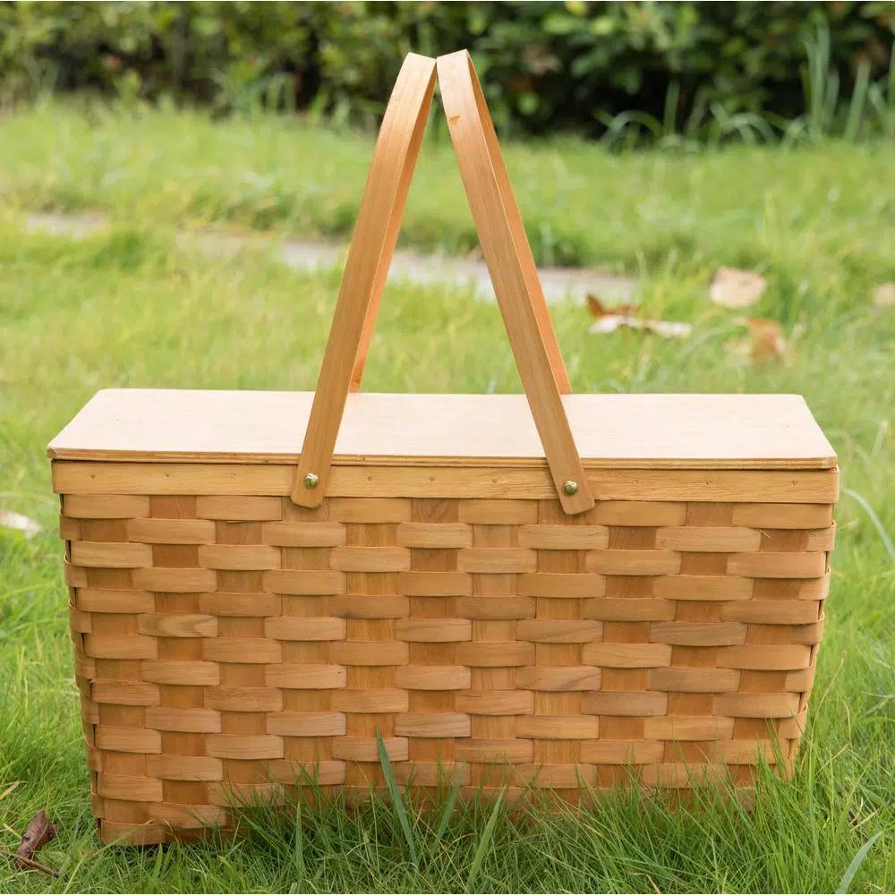 Vintiquewise Large Handwoven Woodchip Picnic Basket with Wooden Lid and White Lining