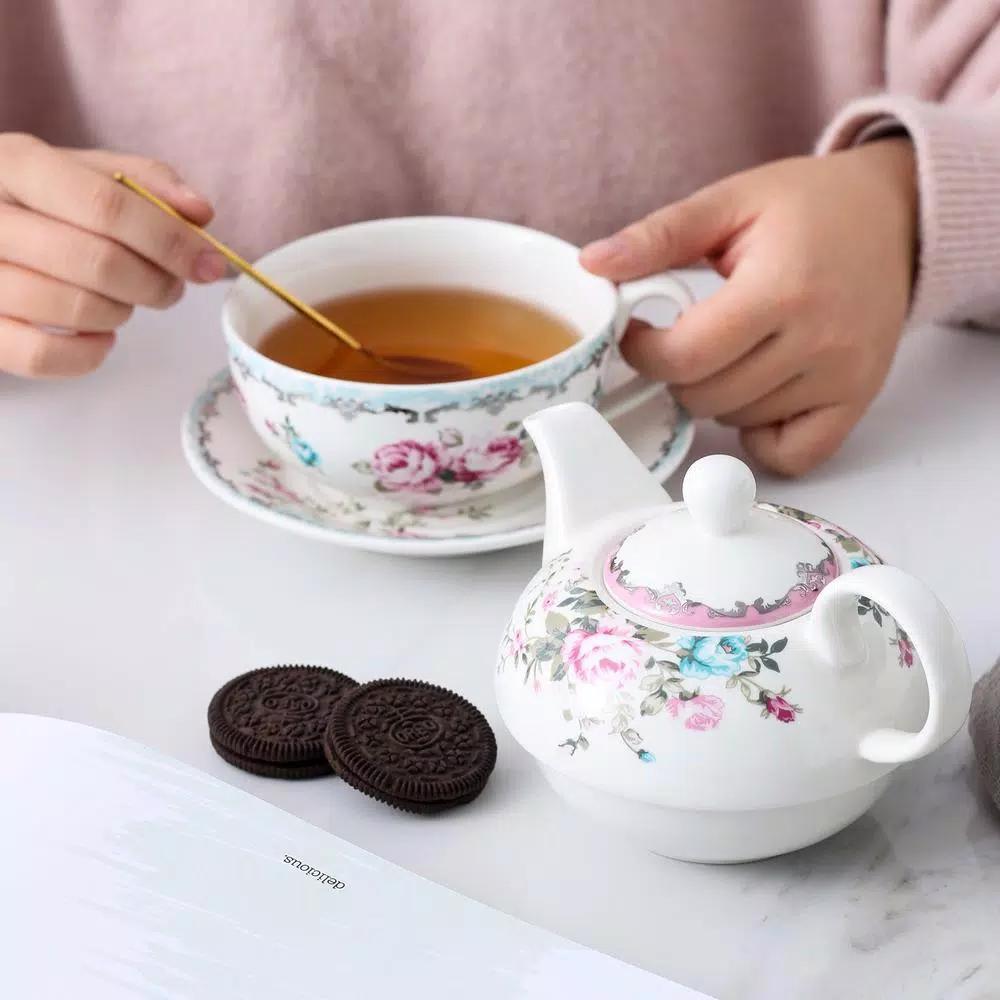 MALACASA Elegant Porcelain Tea for One Set - 3 Piece Teapot, Teacup and Saucer Set, White with Pattern